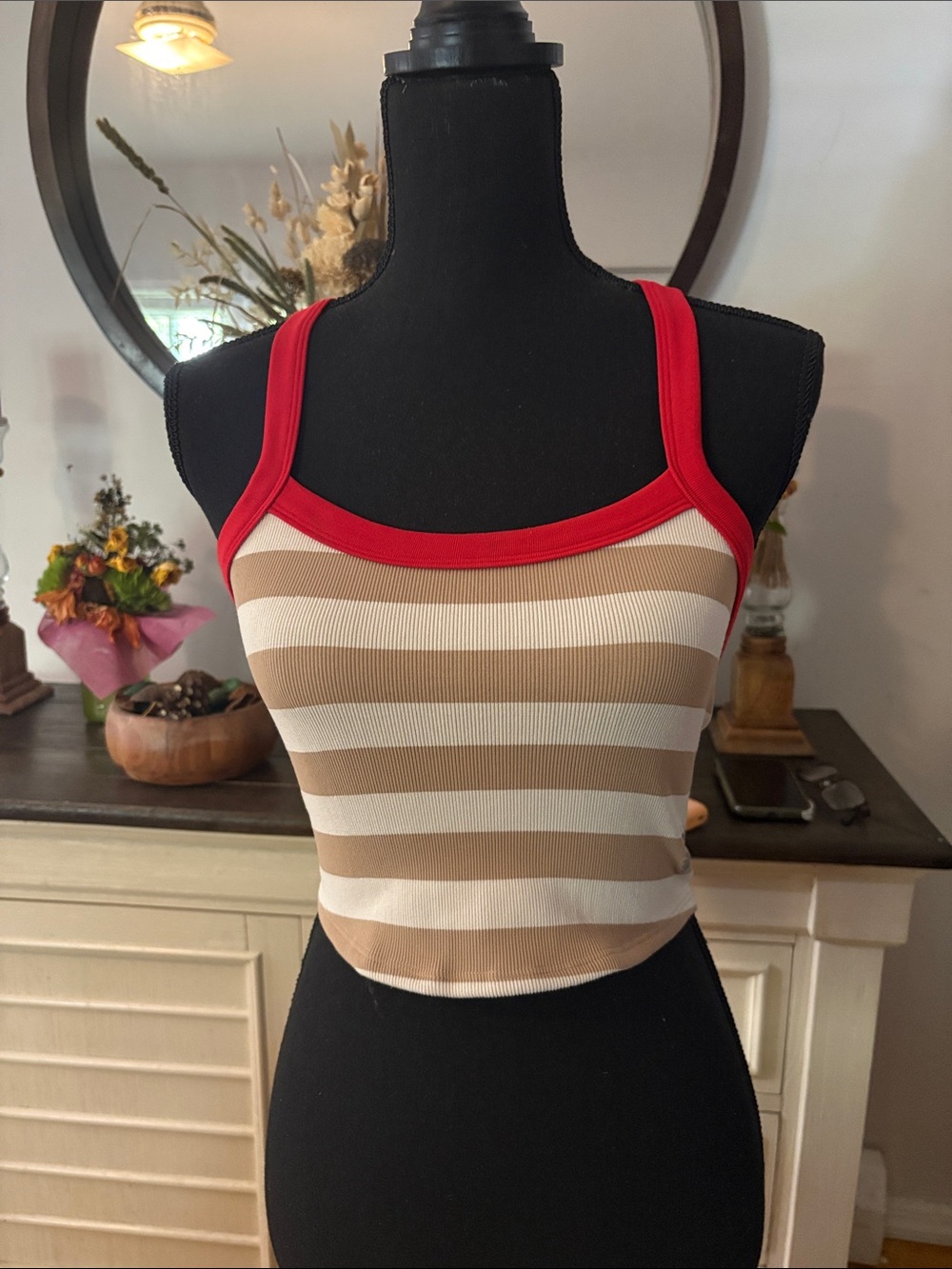 Free people movement  Tan and Cream Striped Ribbed Tank with Red Accent